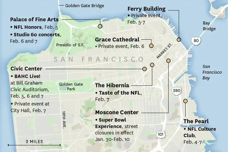 Image of San Francisco with different road closures laid out due to private events.  Image courtesy of the SF Chronicle.