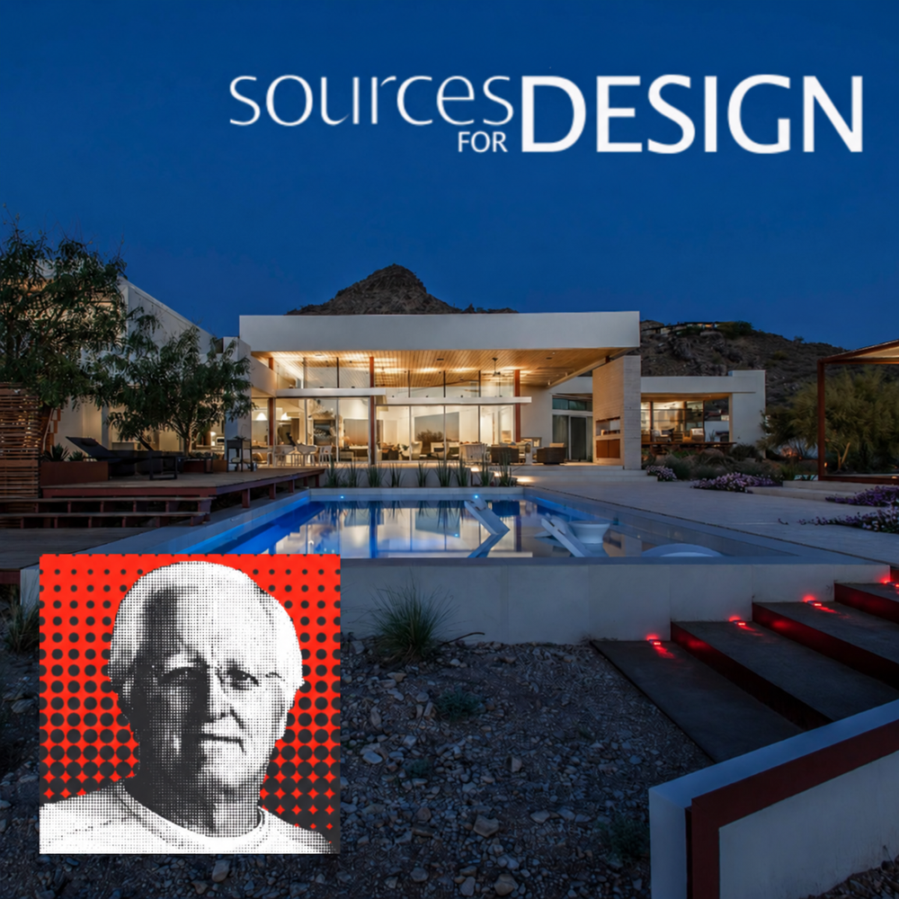 Sources for Design graphic featuring a residence at dusk and an inset portrait