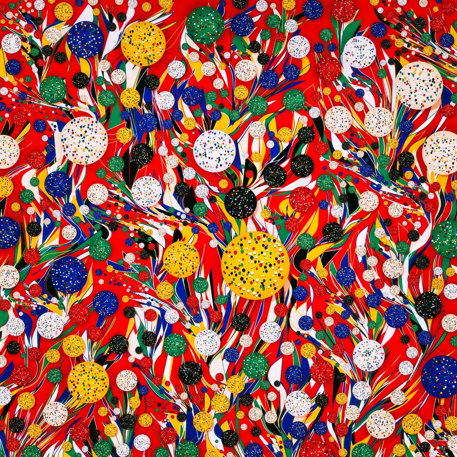 A red Mantel image: dotted spheres in yellow, white, blue and green swirling over red