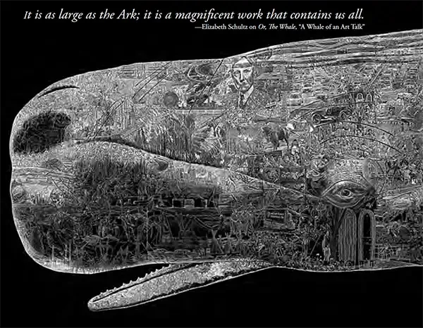 Detail from Jos Sances’s scratchboard mural Or, The Whale, showing densely rendered interior scenes.