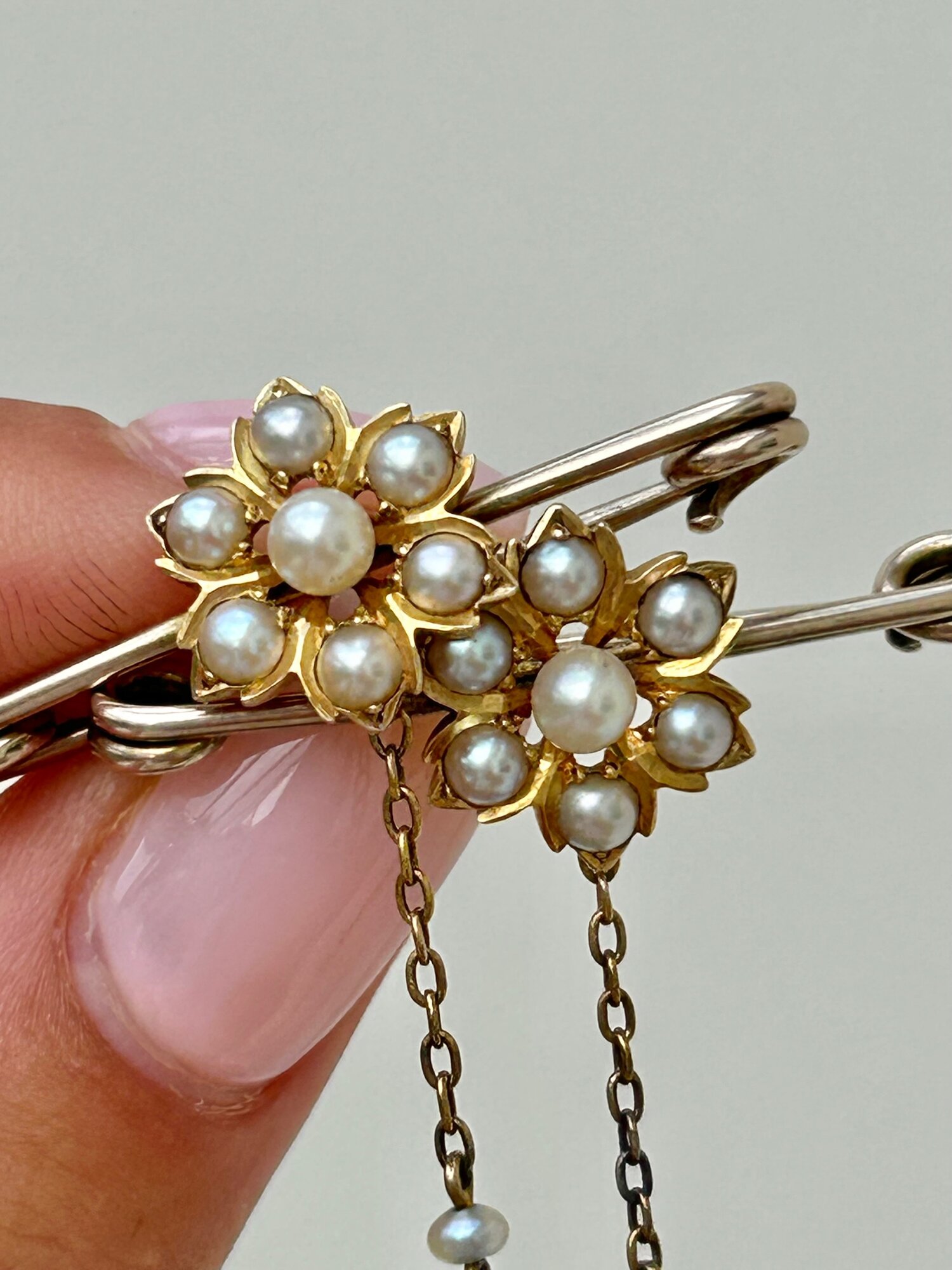 Chunky Antique Gold and Pearl Flower Brooch Pair with Pearl