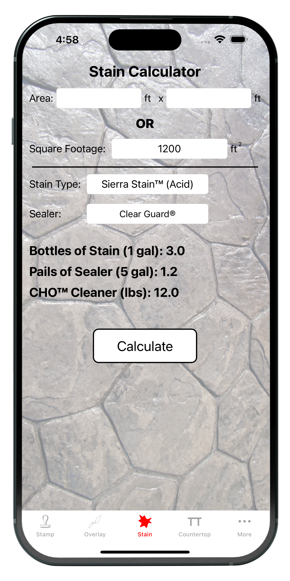 Stain calculator screen