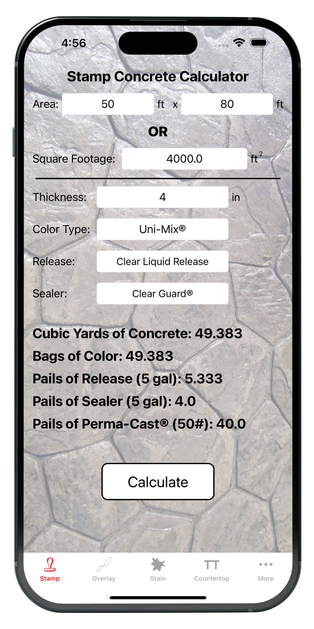 Stamp calculator screen