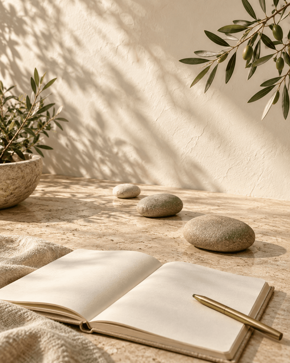 An open notebook, smooth stepping stones, and olive greenery in warm sunlight.