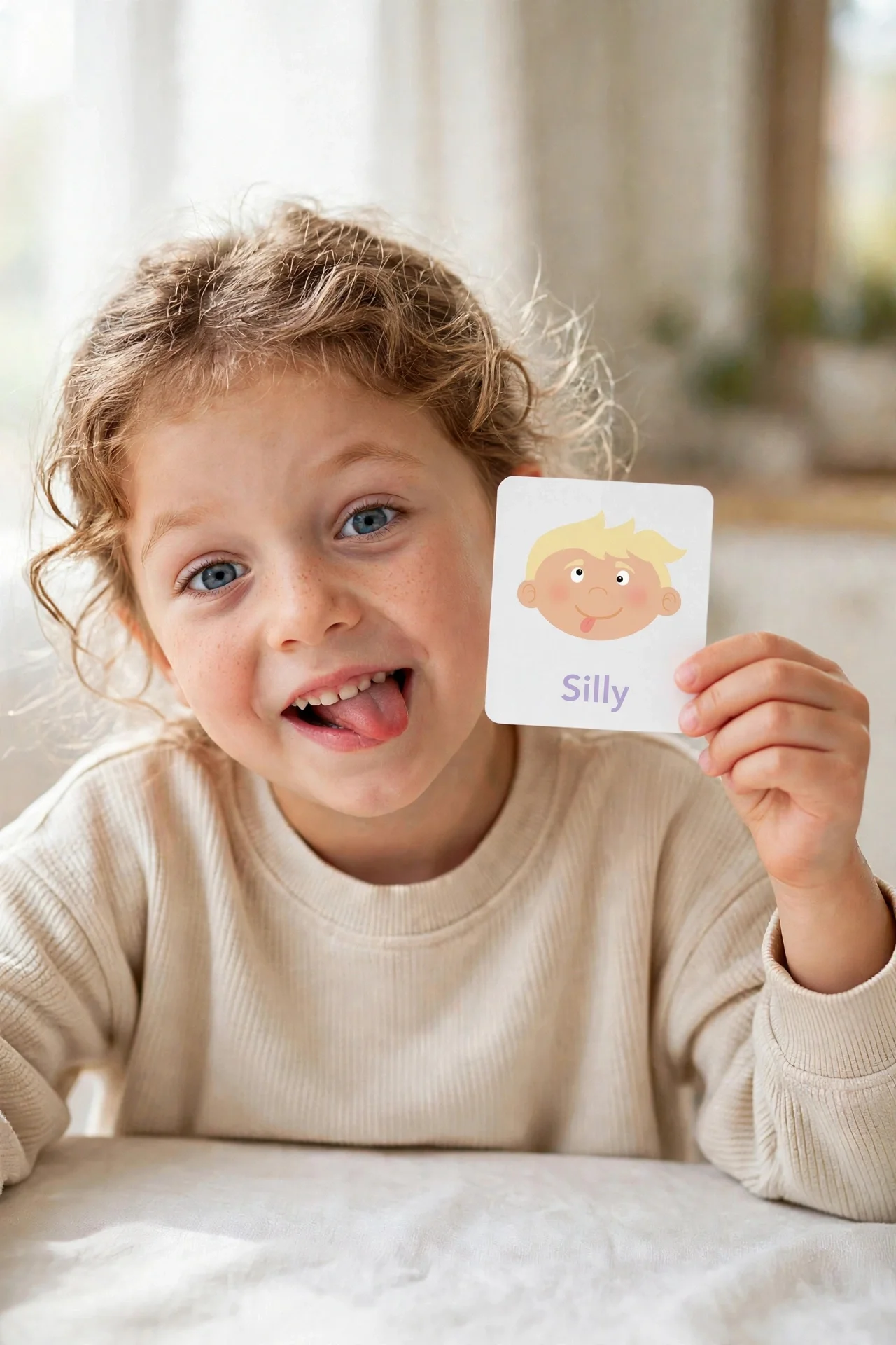 Child making a silly face while holding the Silly emotions flashcard