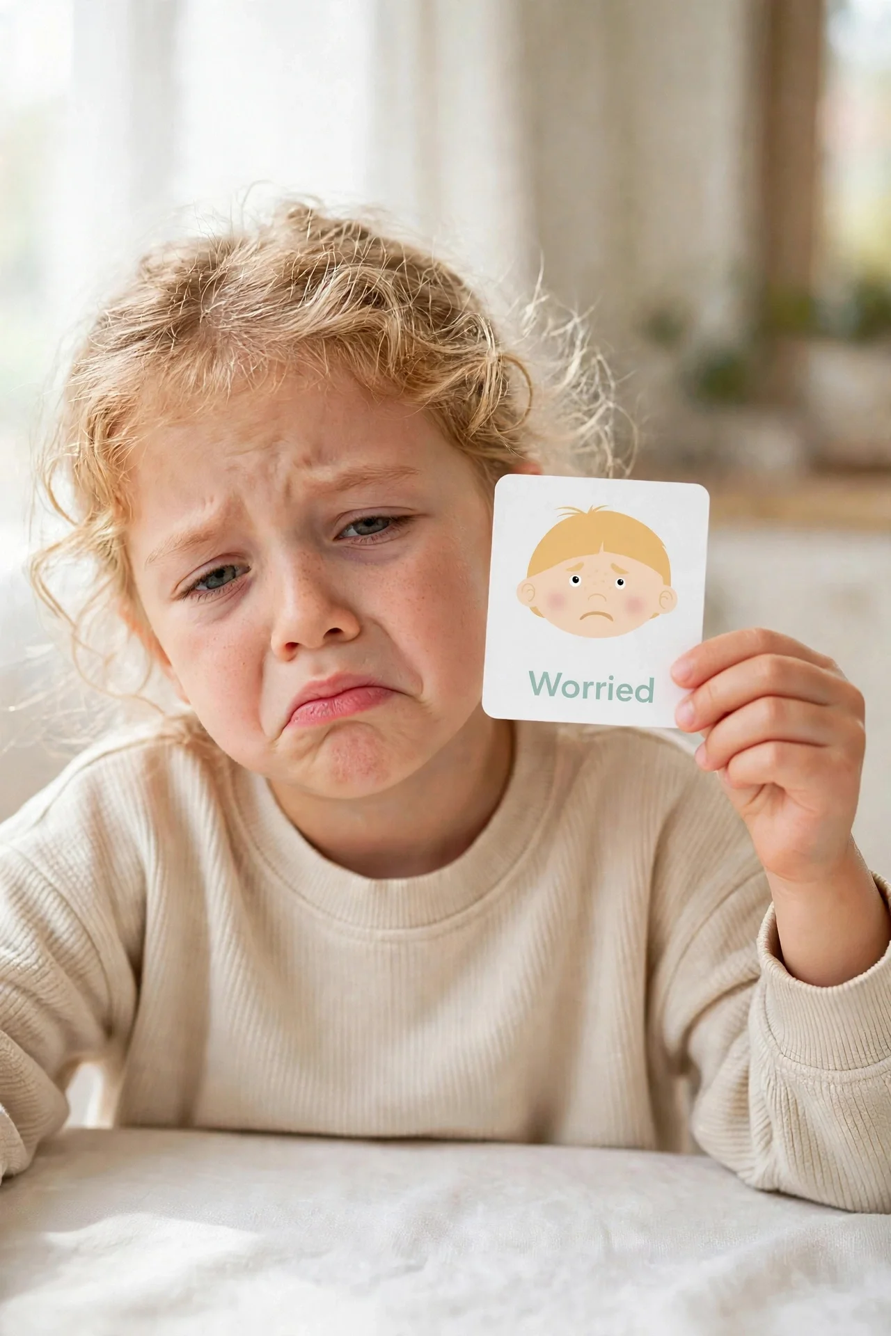 Child making a worried face while holding the Worried emotions flashcard
