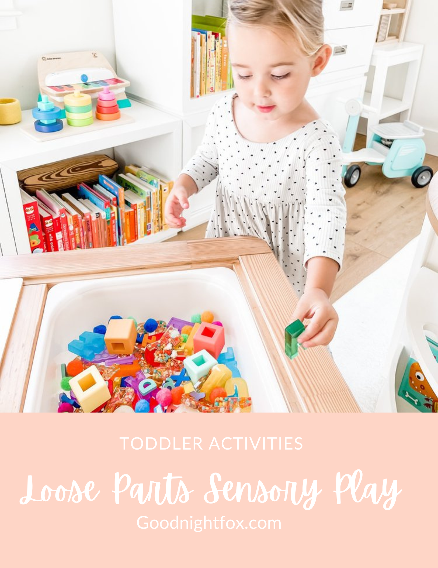 Loose parts letter and colour sensory bin