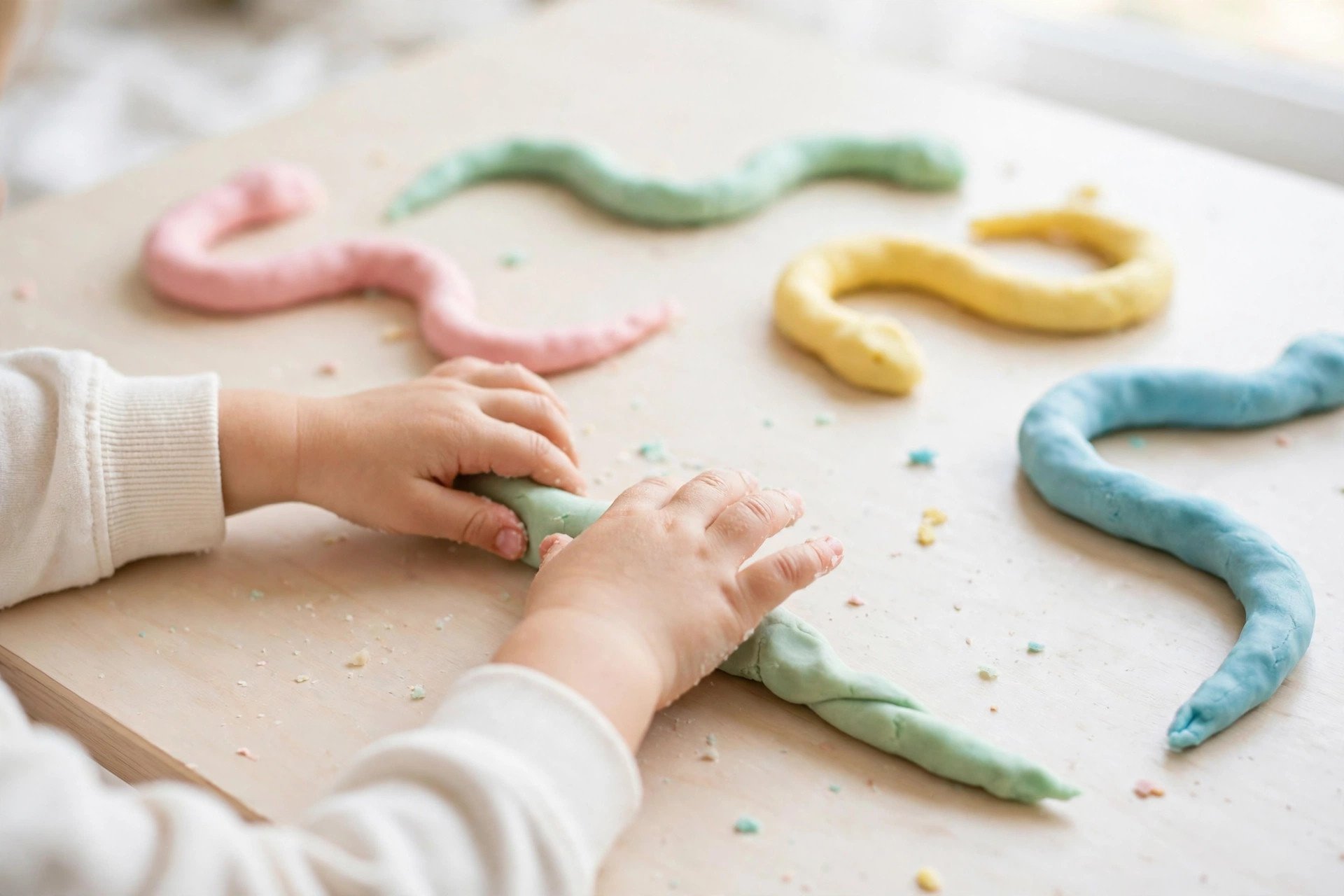 Pre-writing activities for preschoolers: rolling playdough snakes to build hand strength