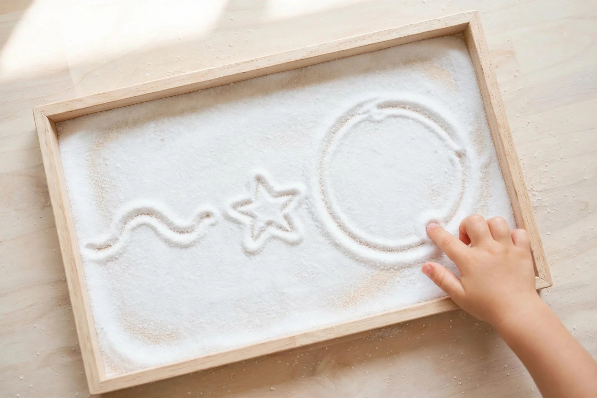 Pre-writing activities for preschoolers: tracing a circle with a fingertip in a salt tray