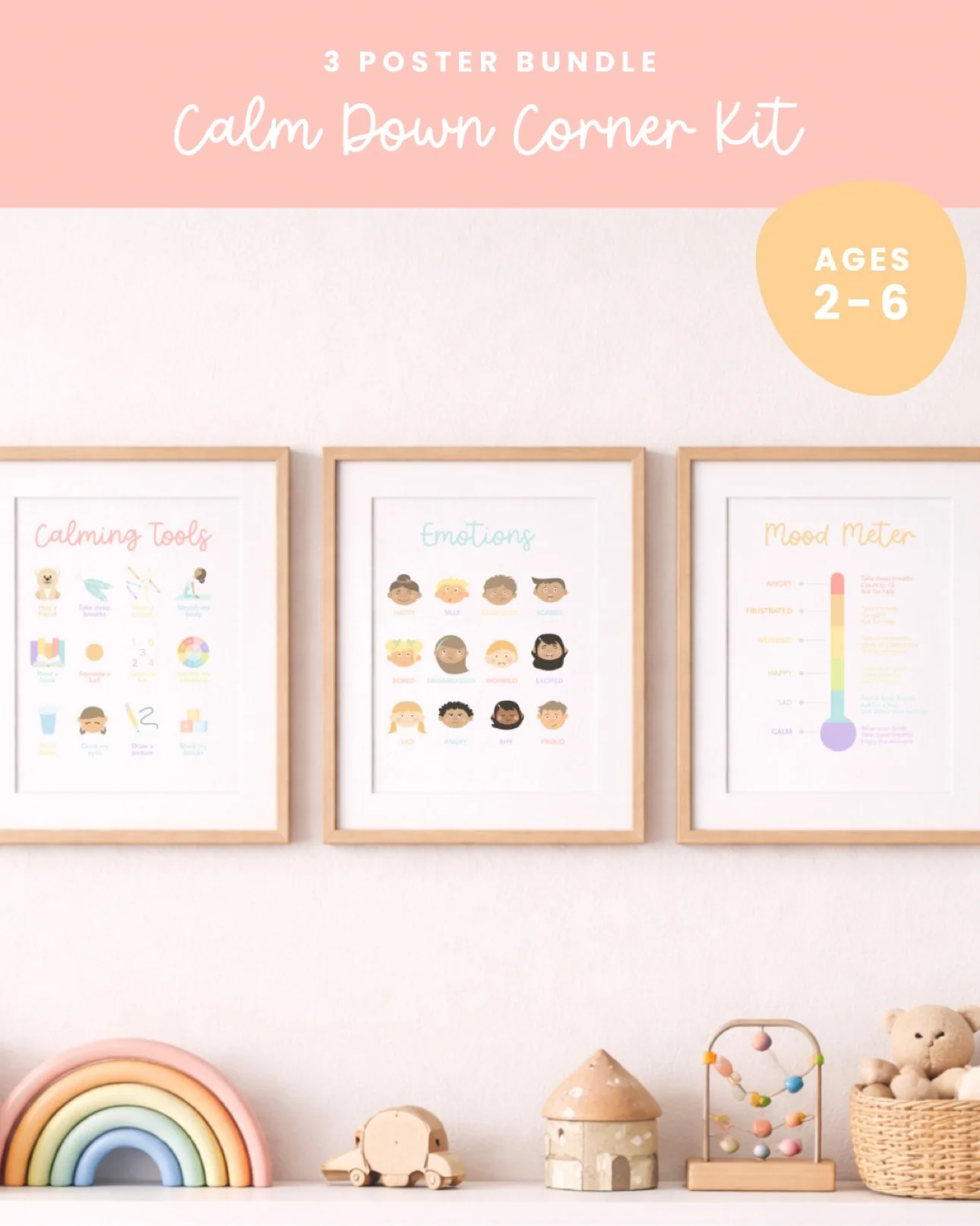 Framed emotions, calming tools, and mood meter posters hung on a playroom wall