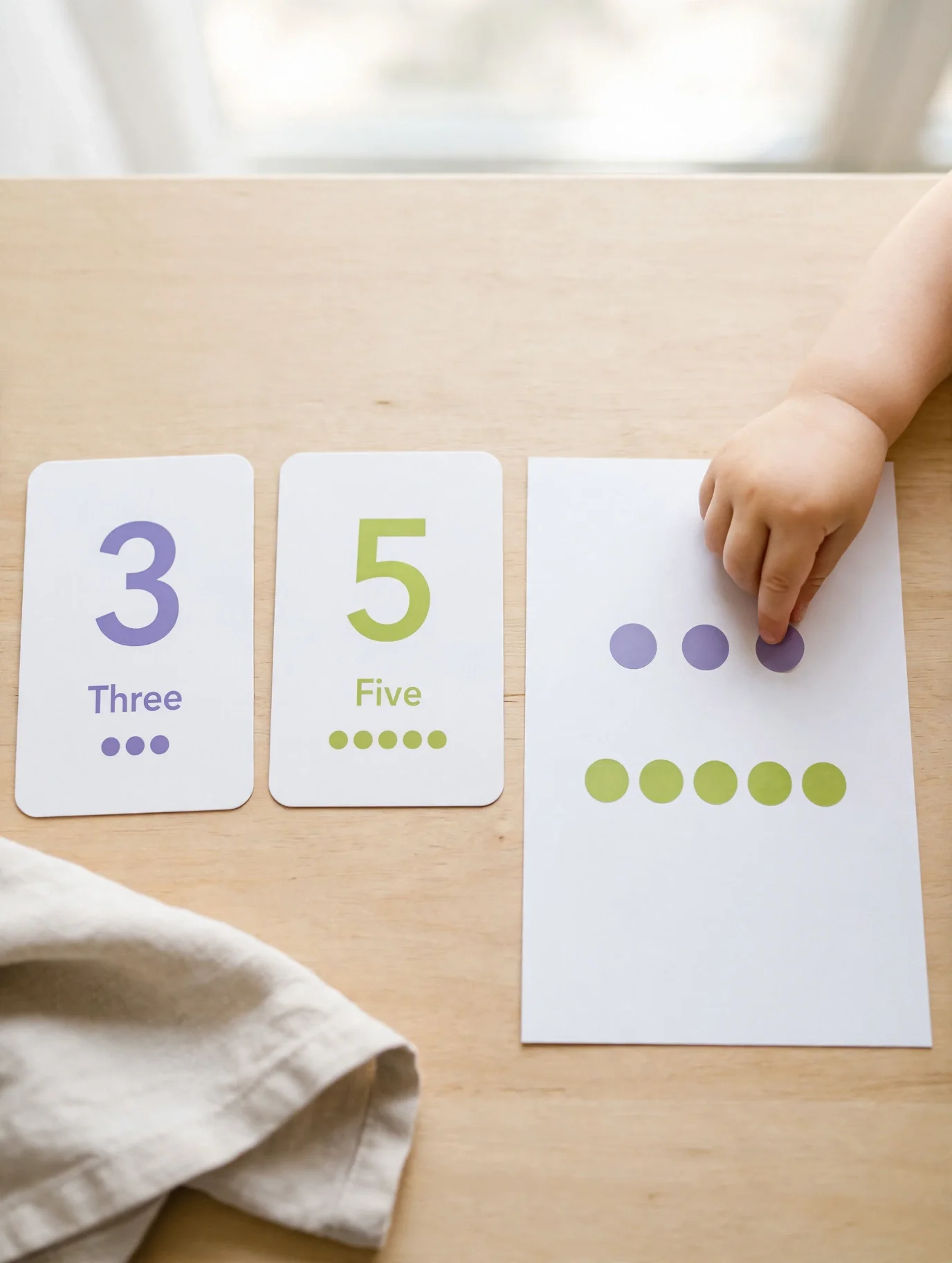 Dot sticker number activity on paper beside Number Dot Cards for teaching toddler to count