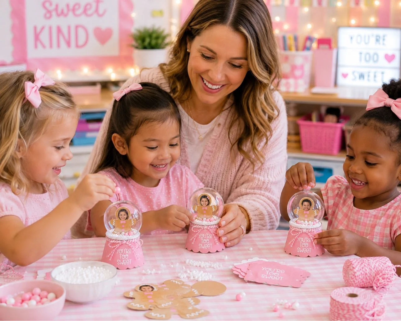 Teacher and kids making gingerbread snow globe ornaments in classroom