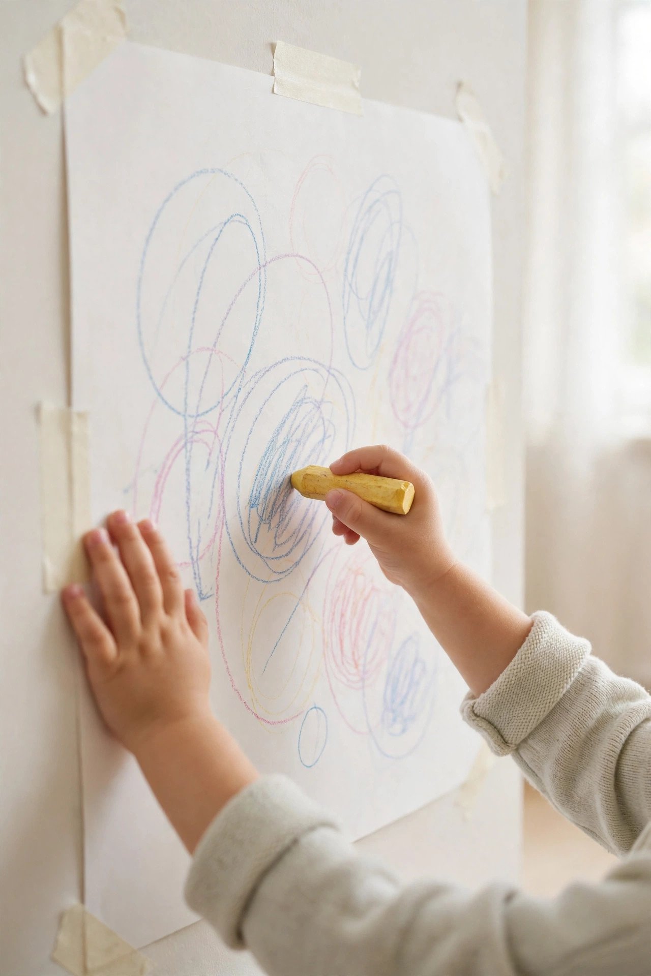 Pre-writing activities for preschoolers: drawing big circles on paper taped to a wall
