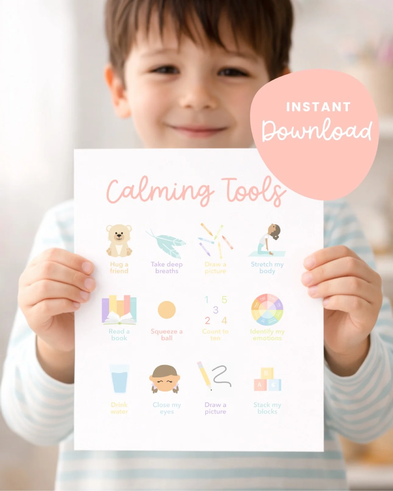 Child holding the printable calming tools poster with twelve strategies
