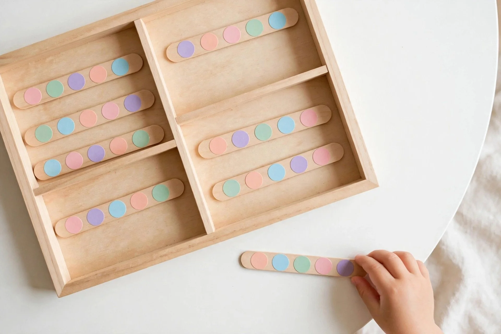 Wooden tray of popsicle sticks with pastel dot stickers in mixed color orders, toddler hand placing one