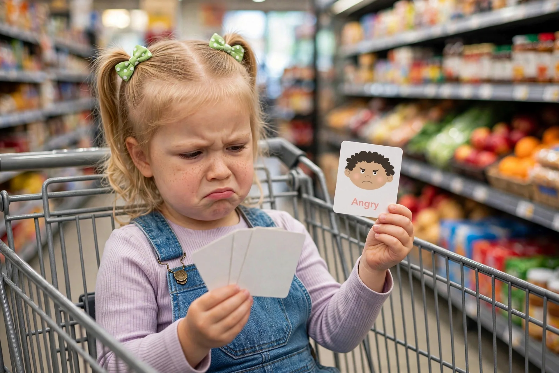 Toddler in a shopping cart holding up the Angry emotions flashcard