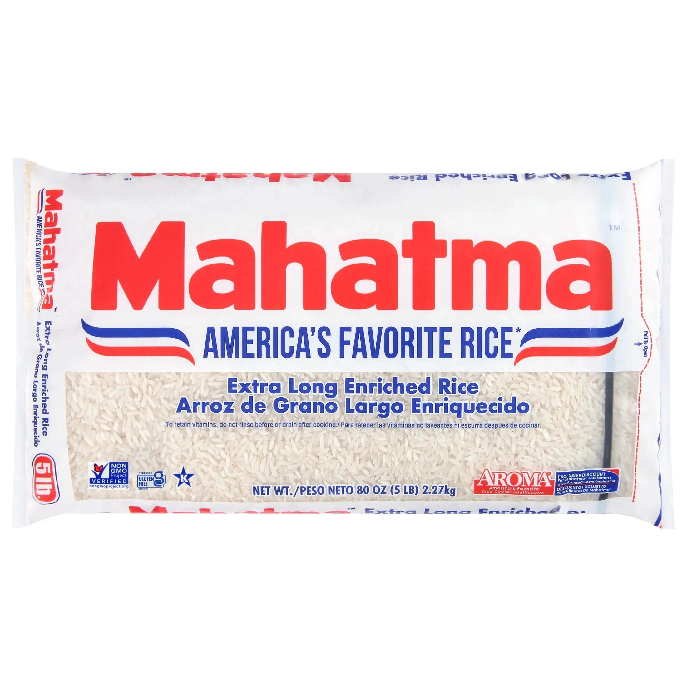 Mahatma extra long grain white rice, five pound bag
