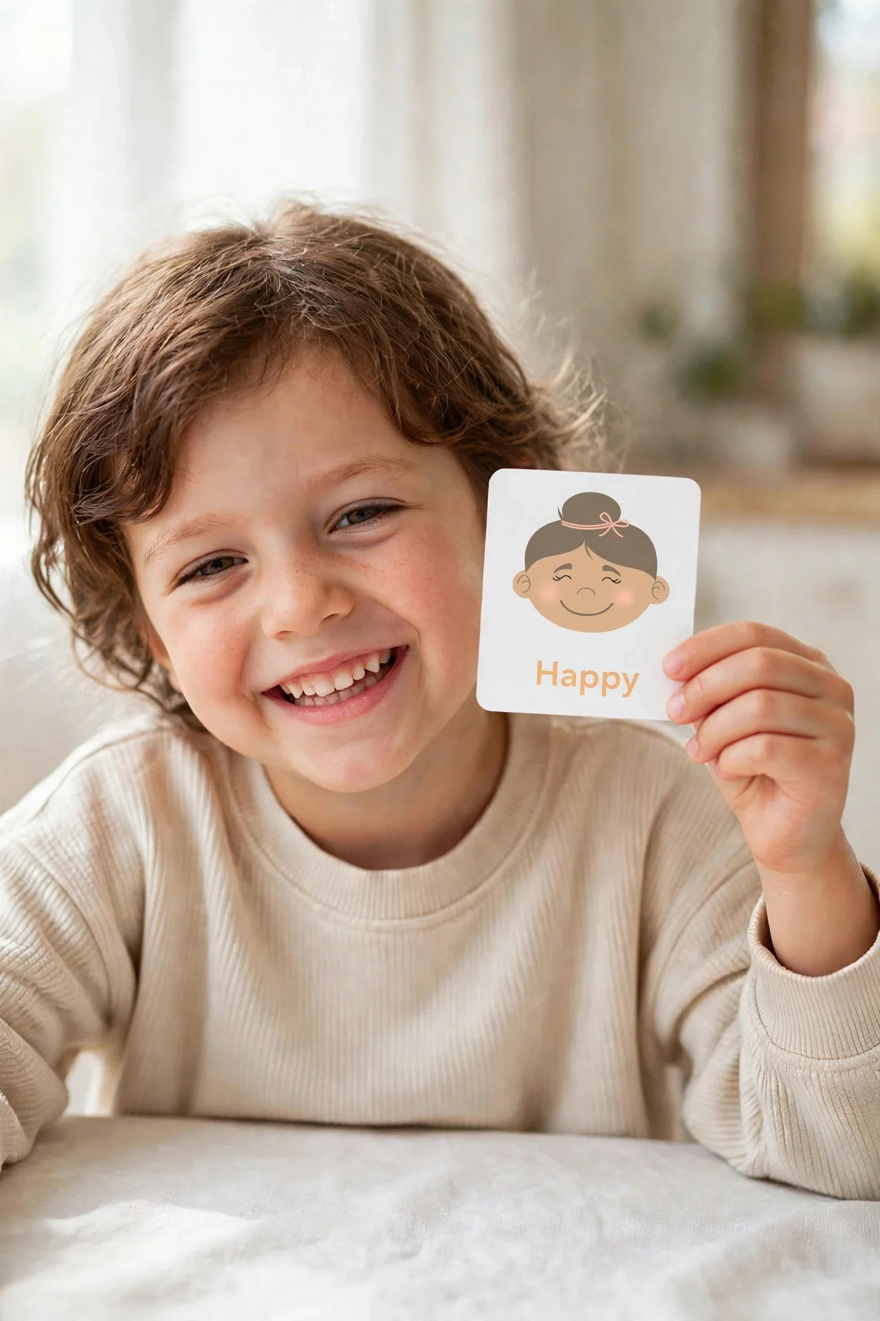 Child making a happy face while holding the Happy emotions flashcard