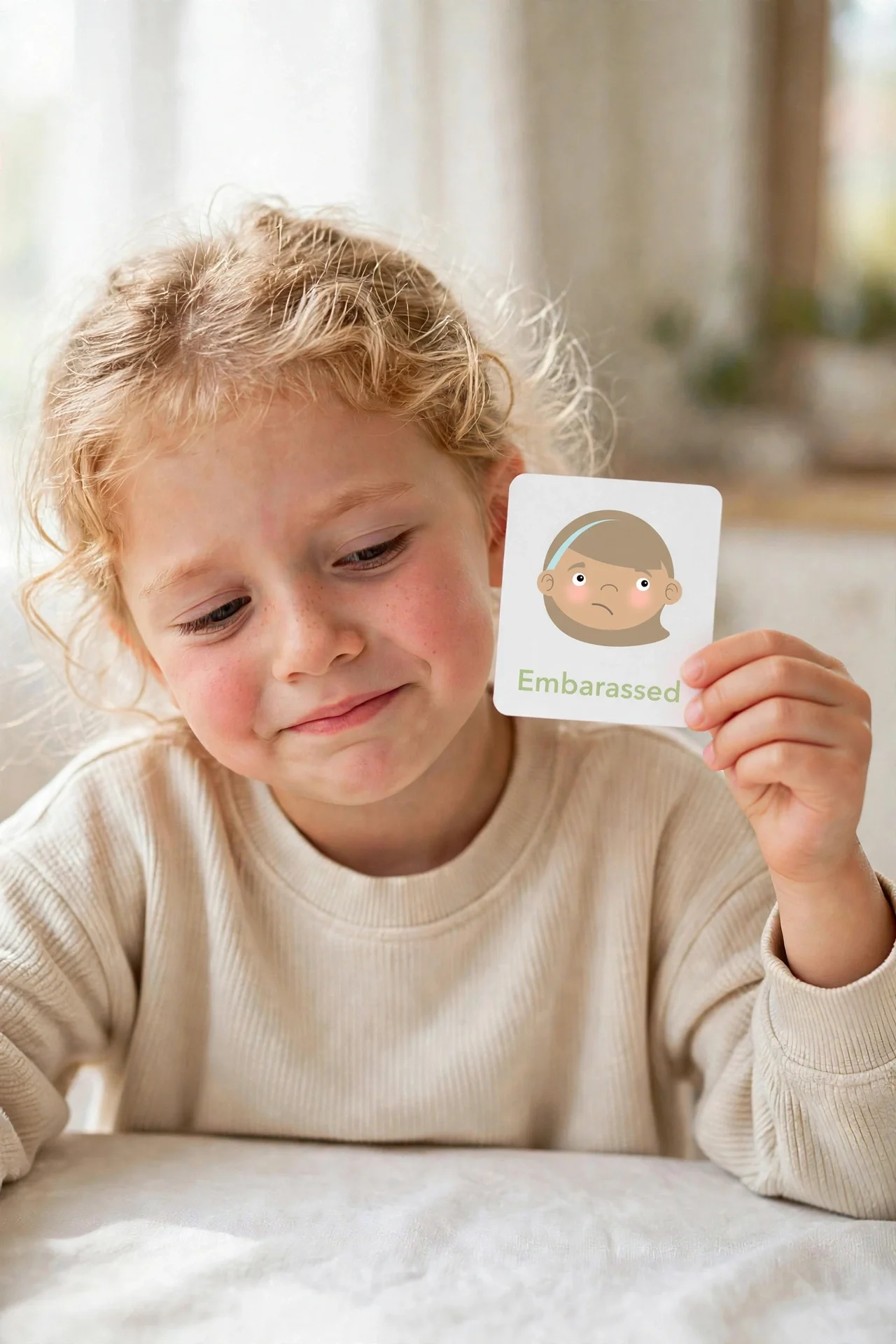 Child making an embarassed face while holding the Embarassed emotions flashcard