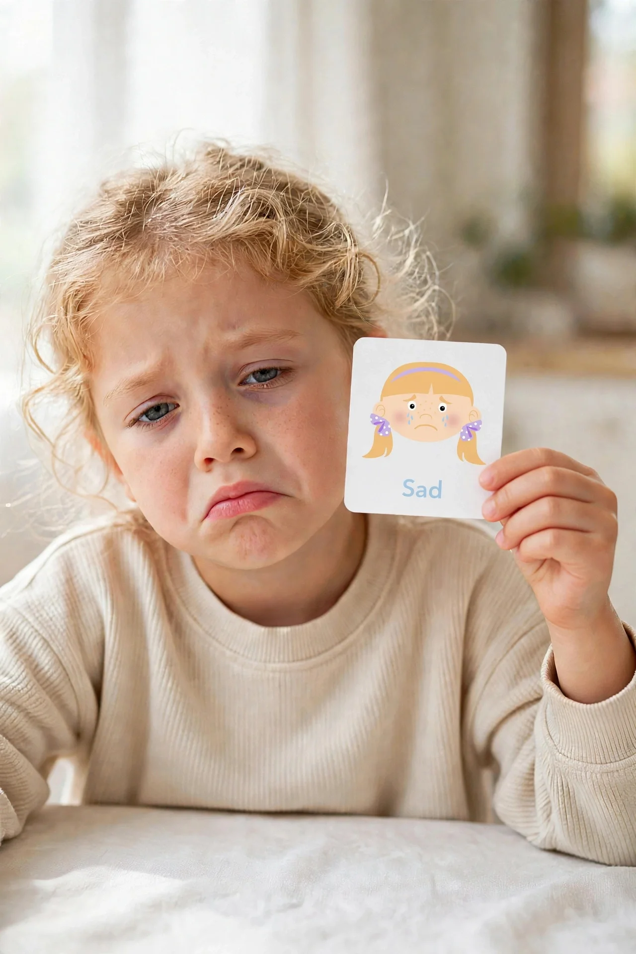 Child making a sad face while holding the Sad emotions flashcard