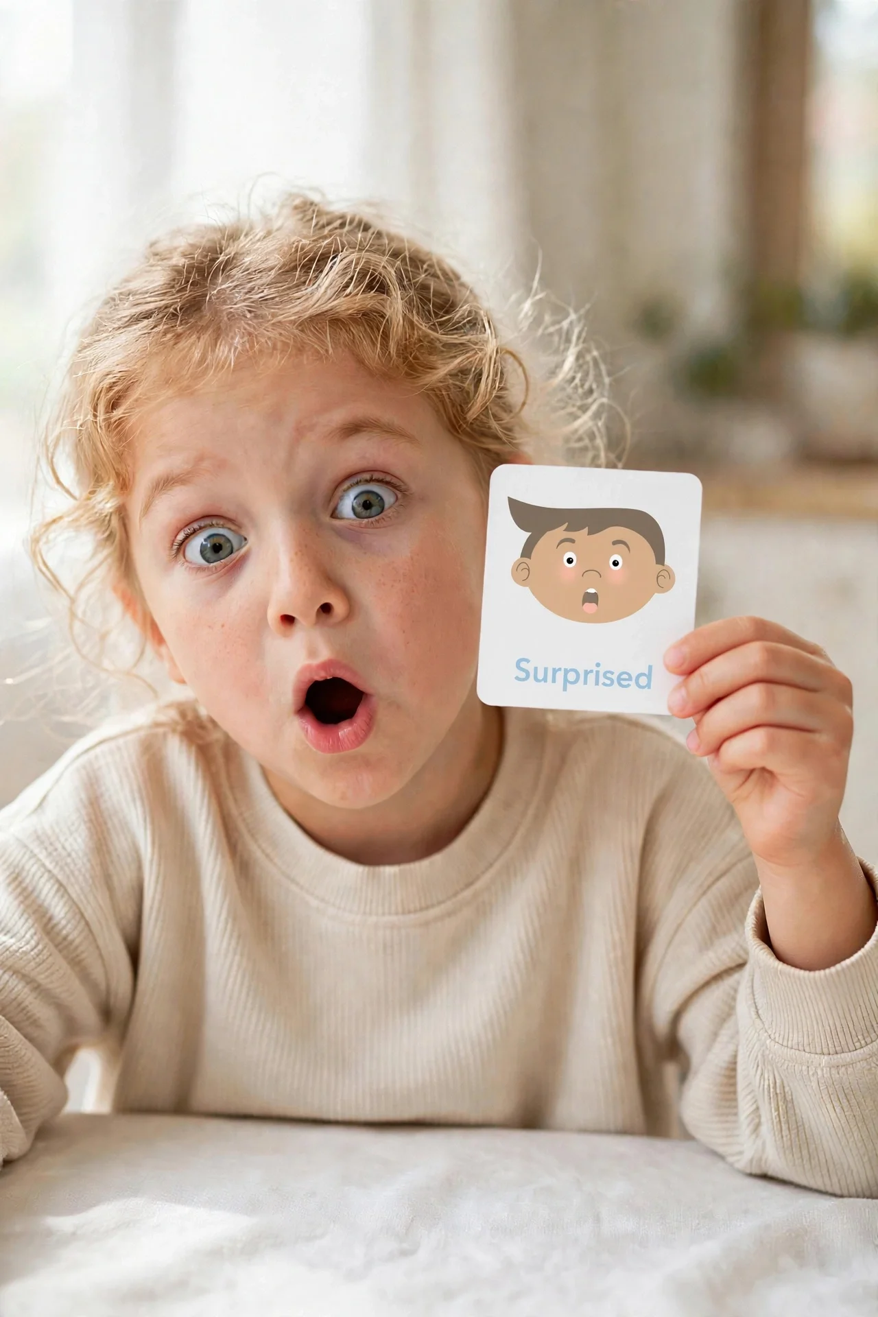 Child making a surprised face while holding the Surprised emotions flashcard