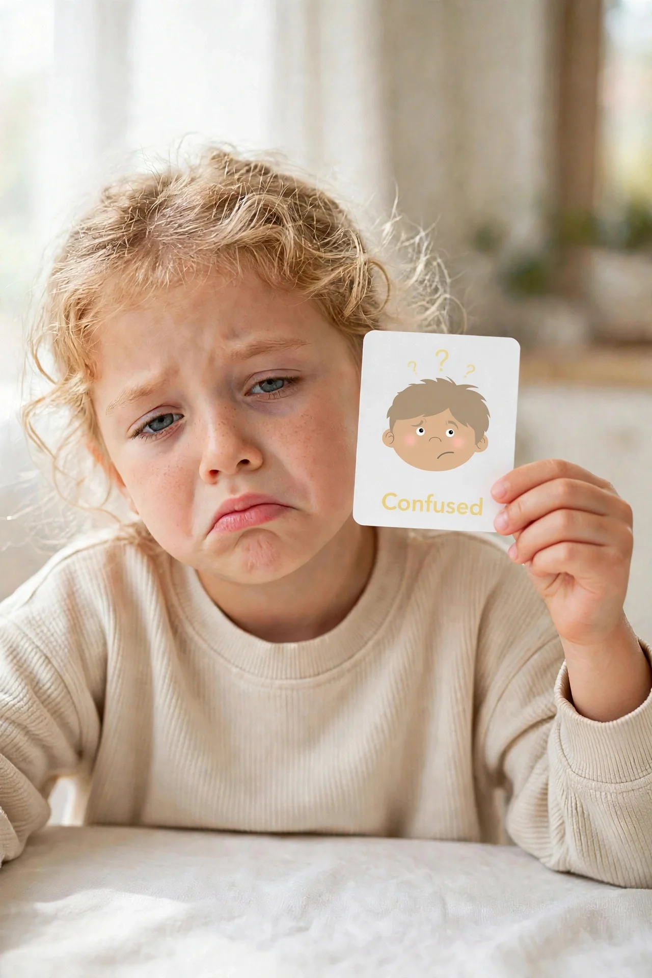 Child making a confused face while holding the Confused emotions flashcard