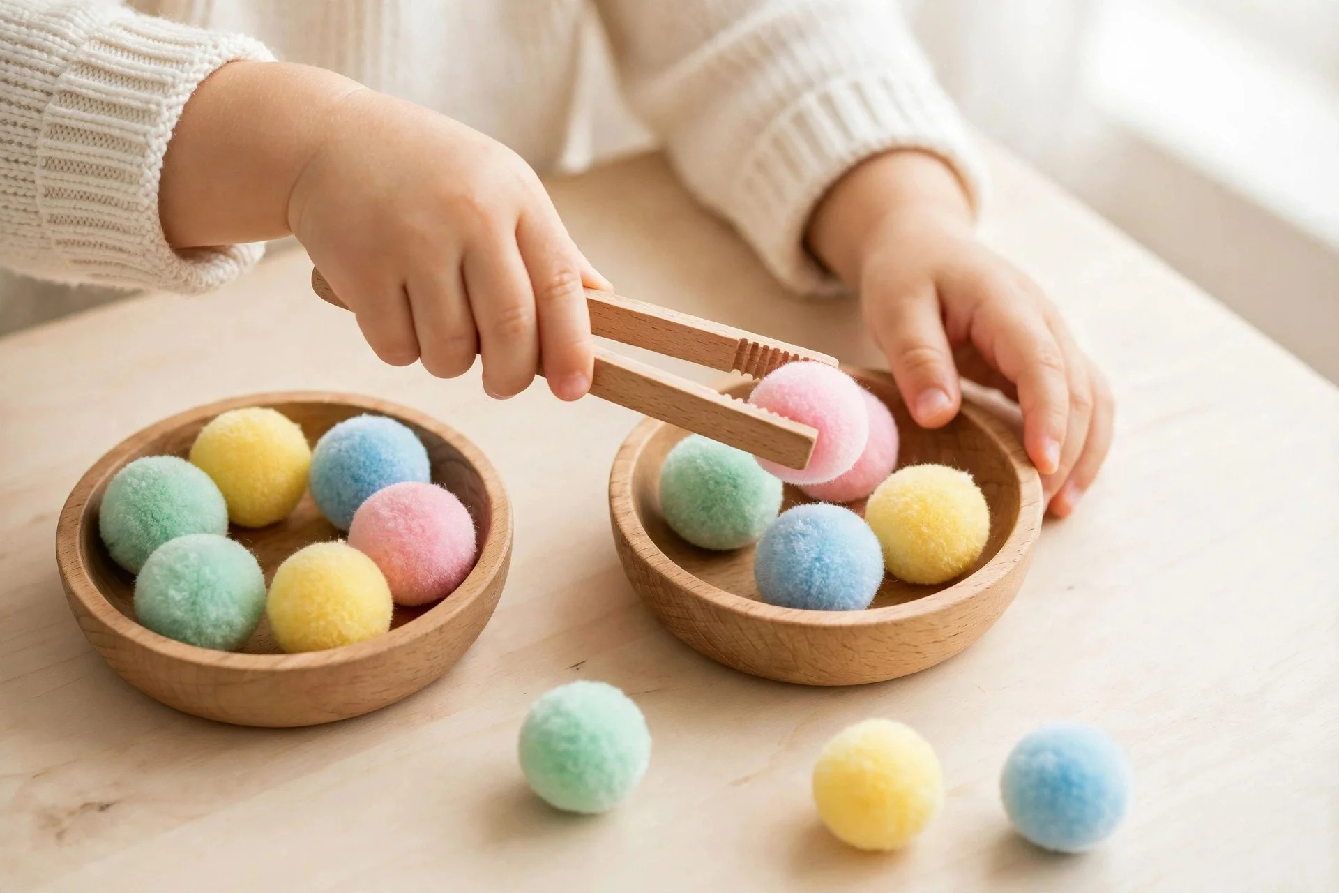 Child using tongs to move colorful pom-poms between bowls