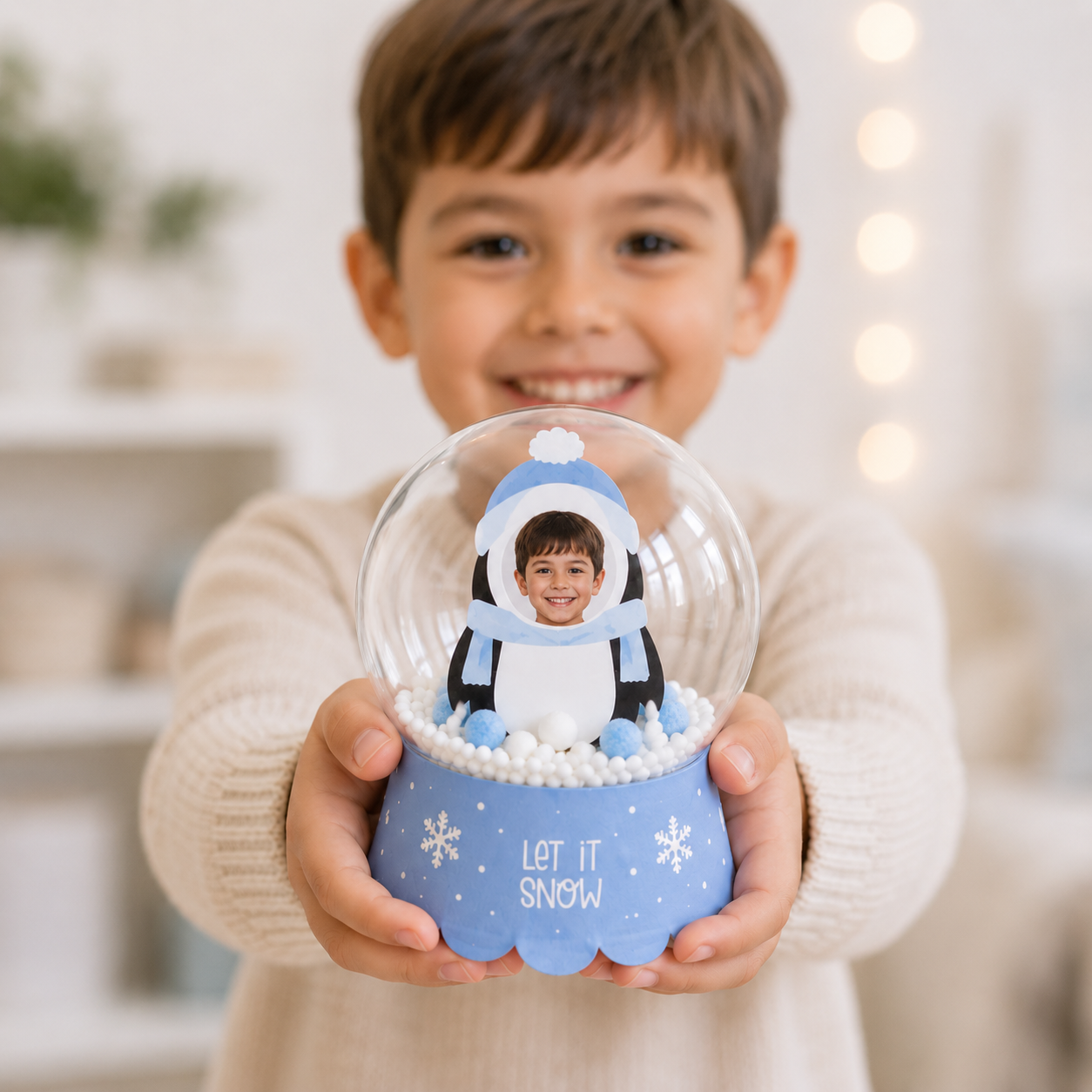 Finished penguin photo snow globe ornament reading Let It Snow held by a child