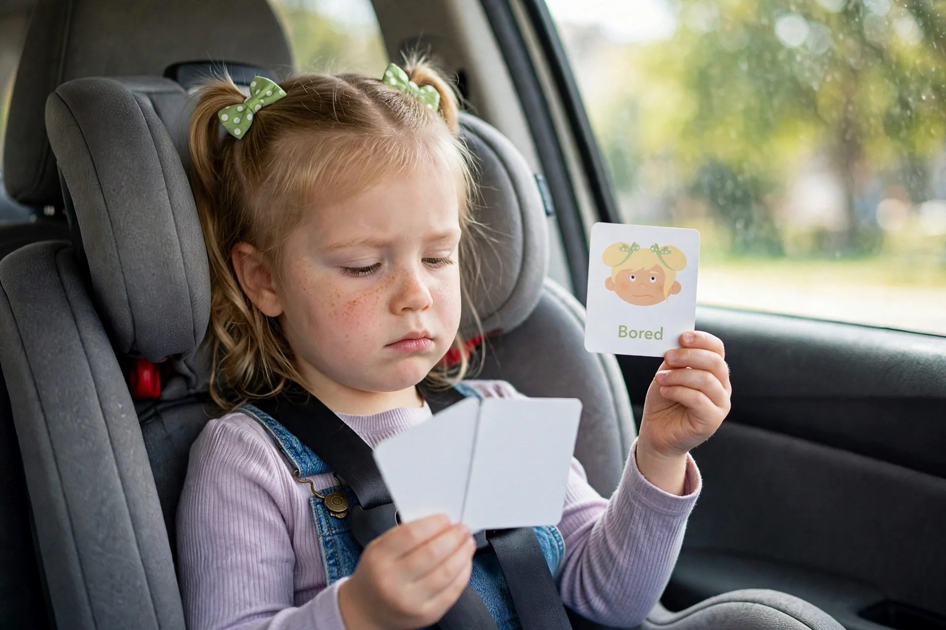 Toddler in a car seat holding up the Bored emotions flashcard