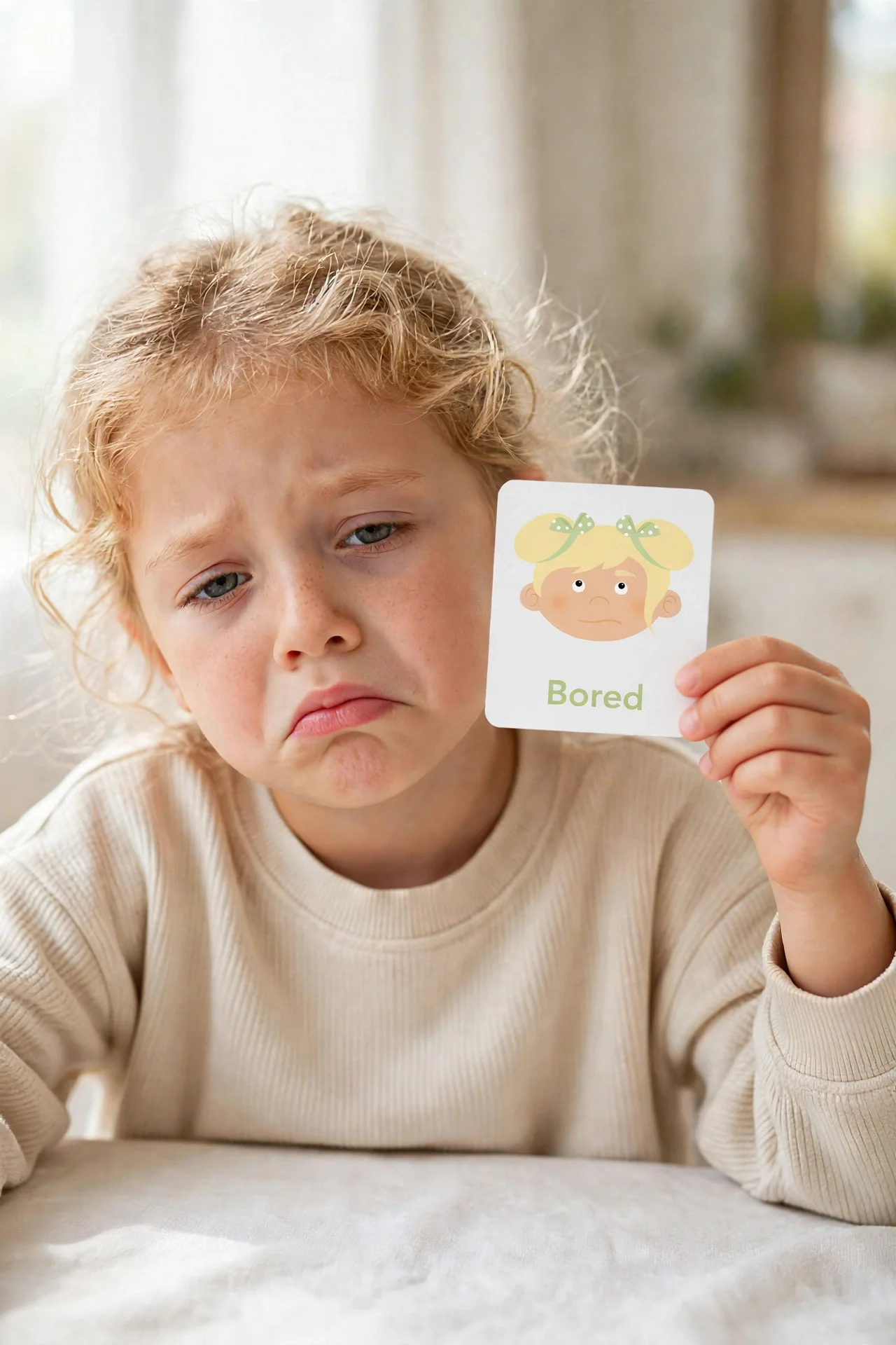 Child making a bored face while holding the Bored emotions flashcard