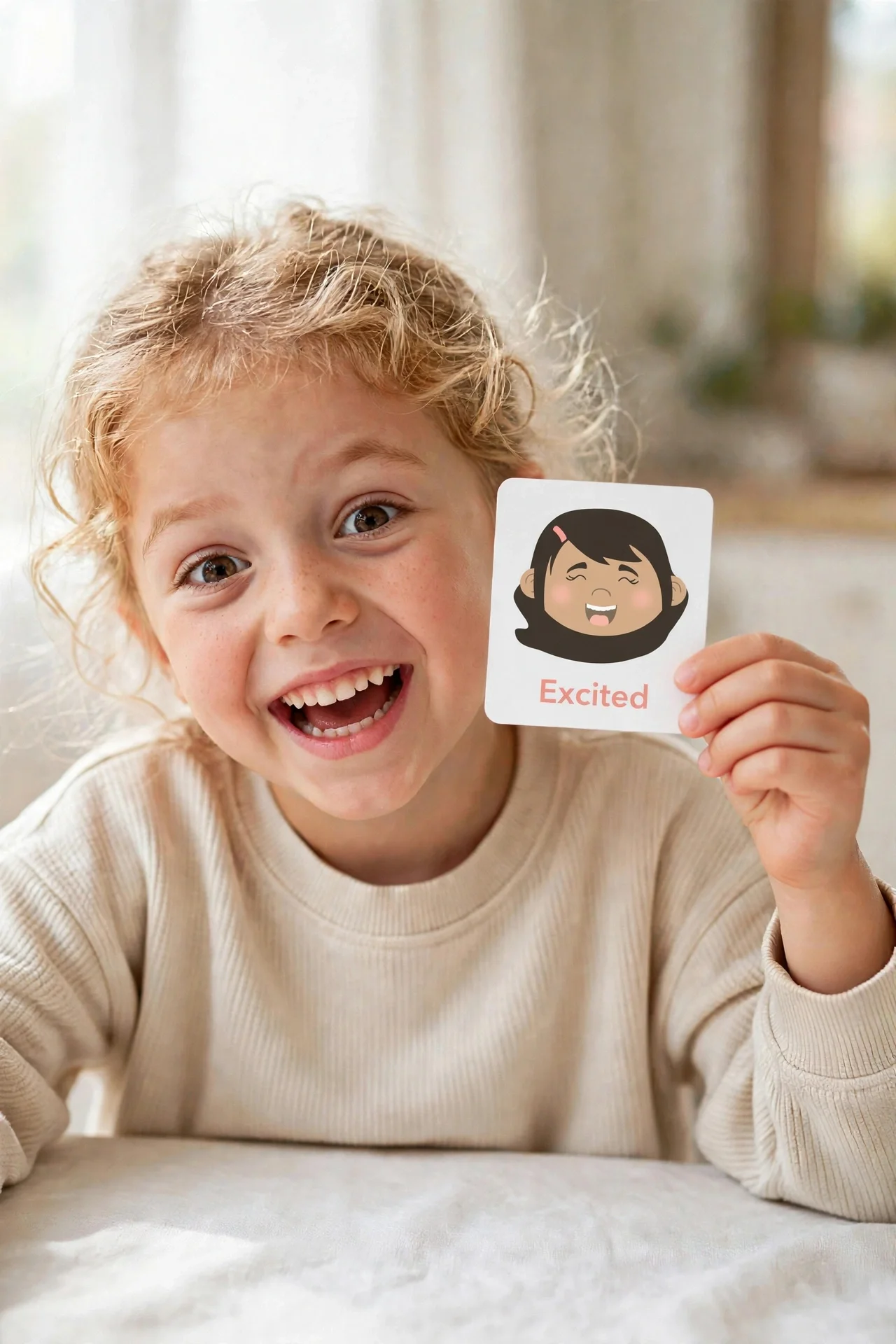 Child making an excited face while holding the Excited emotions flashcard