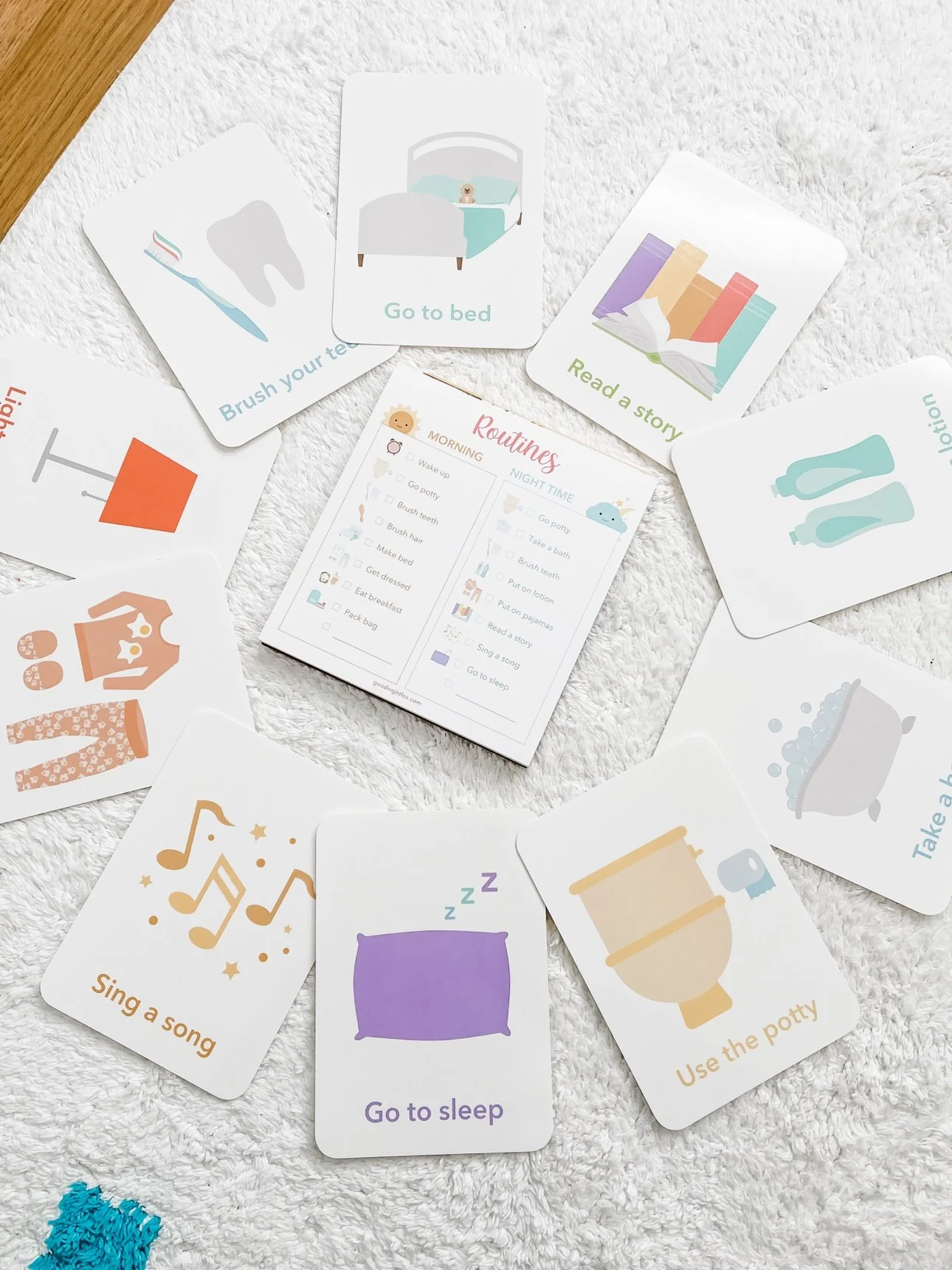 Bedtime routine cards for toddlers showing read a story and go to sleep