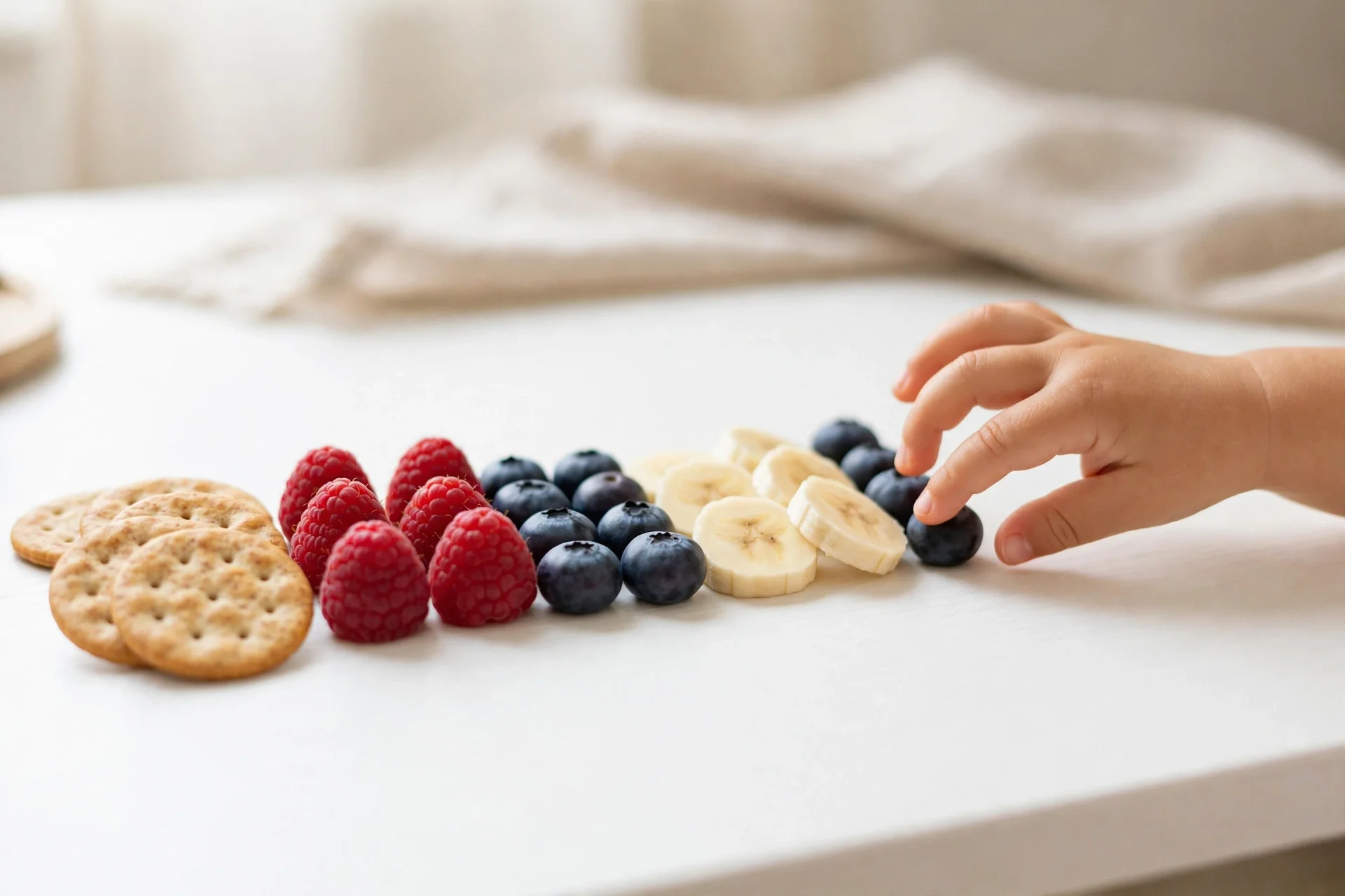 Toddler counting snacks in a row — teaching numbers through snack time