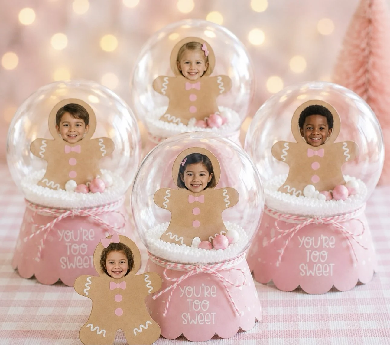 Finished gingerbread photo snow globe ornaments