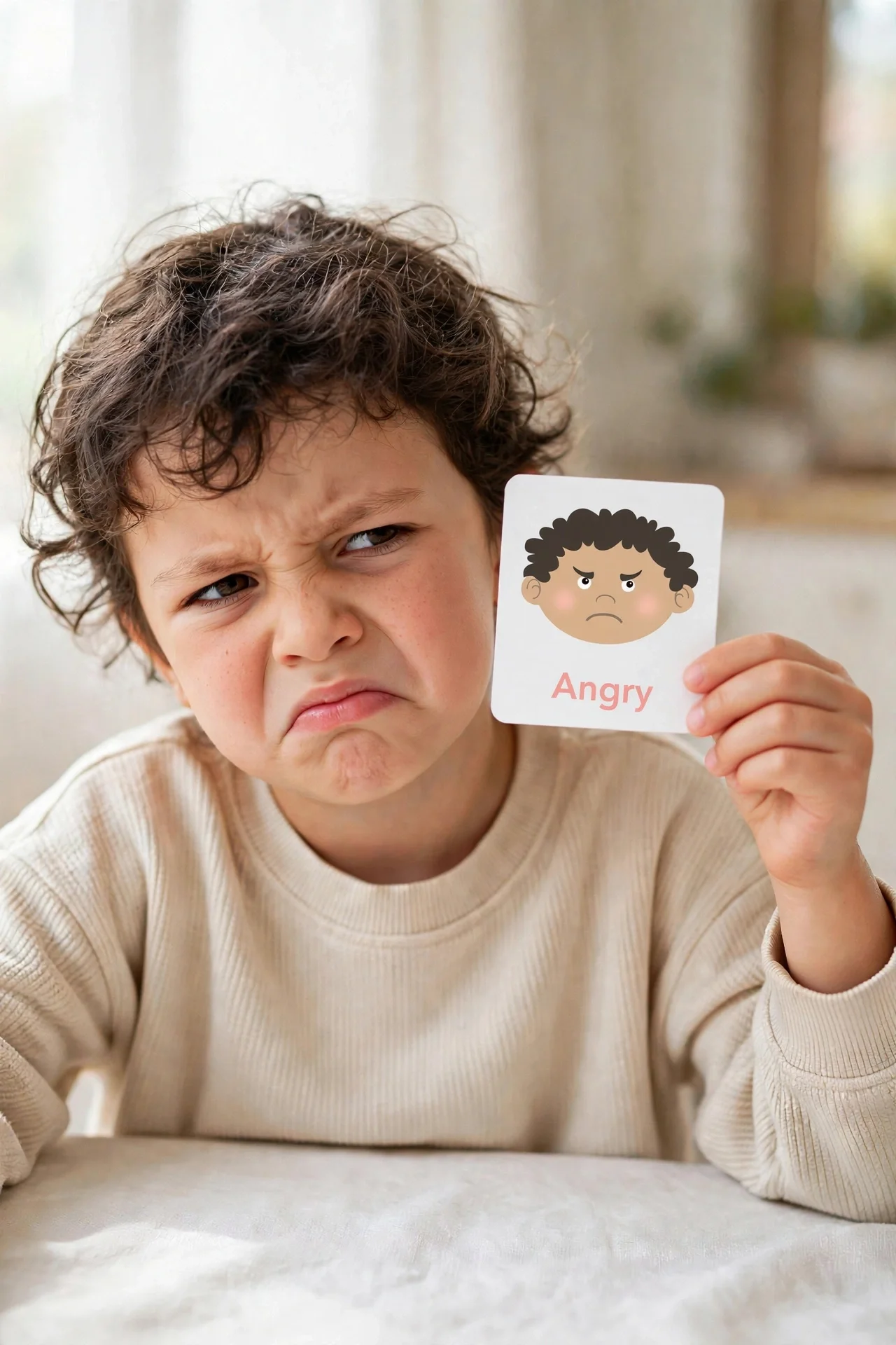 Child making an angry face while holding the Angry emotions flashcard