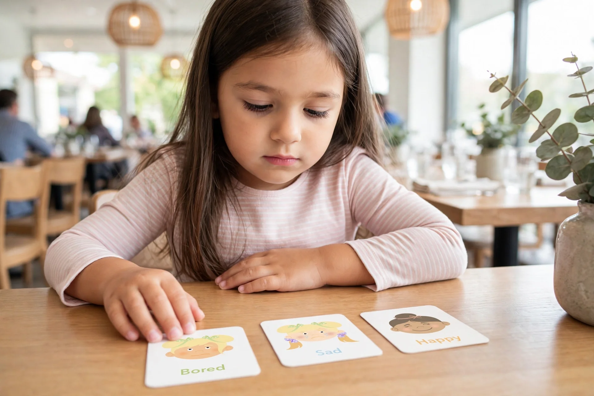 Toddler at a restaurant table with three emotions flashcards spread out