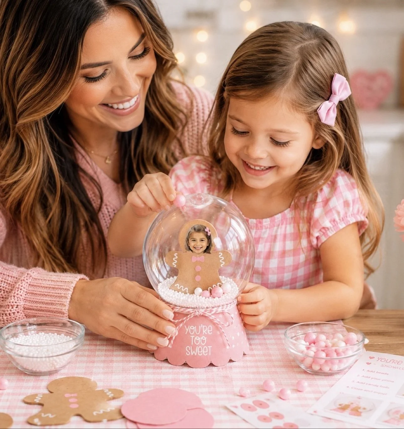 Mom and daughter making gingerbread snow globe ornaments together