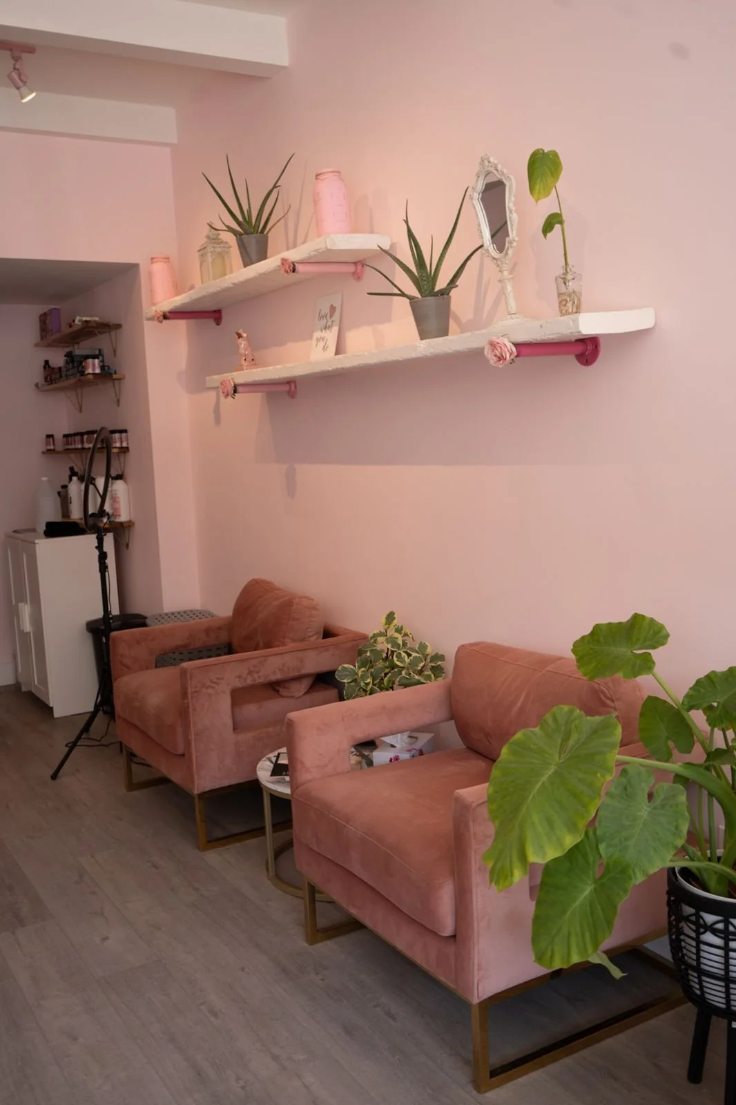 Pink velvet lounge chairs in the Dollface salon in Kerr Village