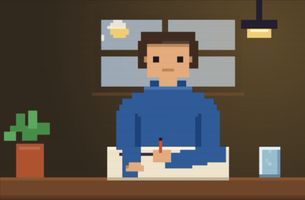 Alongside — pixel companion at a desk under a window