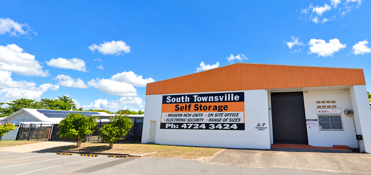South Townsville Self Storage building with orange roof and signage at 3–7 Macrossan Street, South Townsville