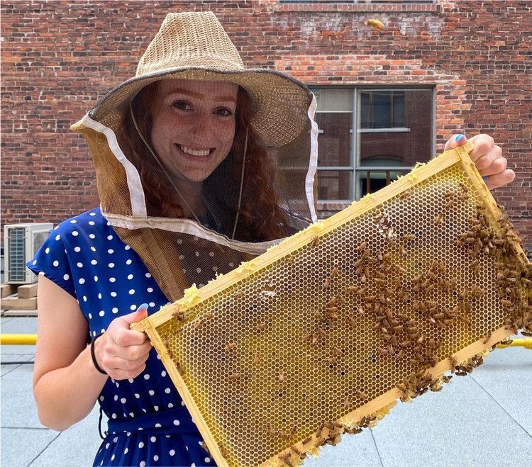 Beekeeper holding hive