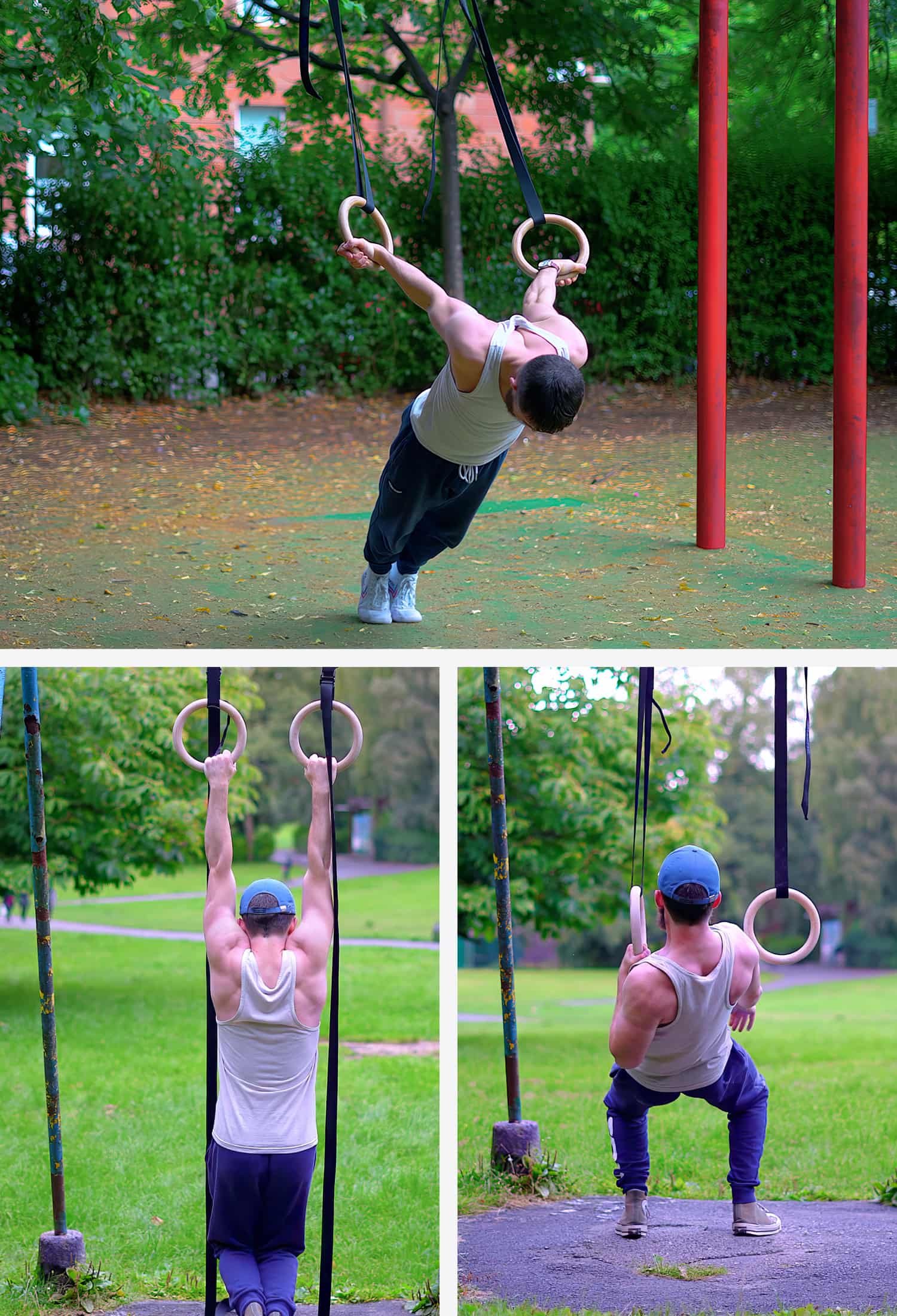 A coach demonstrating various gymnastic ring and bodyweight exercises during an outdoor precision training and functional strength session.