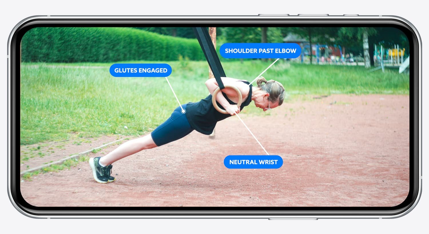 Mobile phone screen showing movement precision analysis for a gymnastic rings training session, detailing performance metrics and improvement areas.