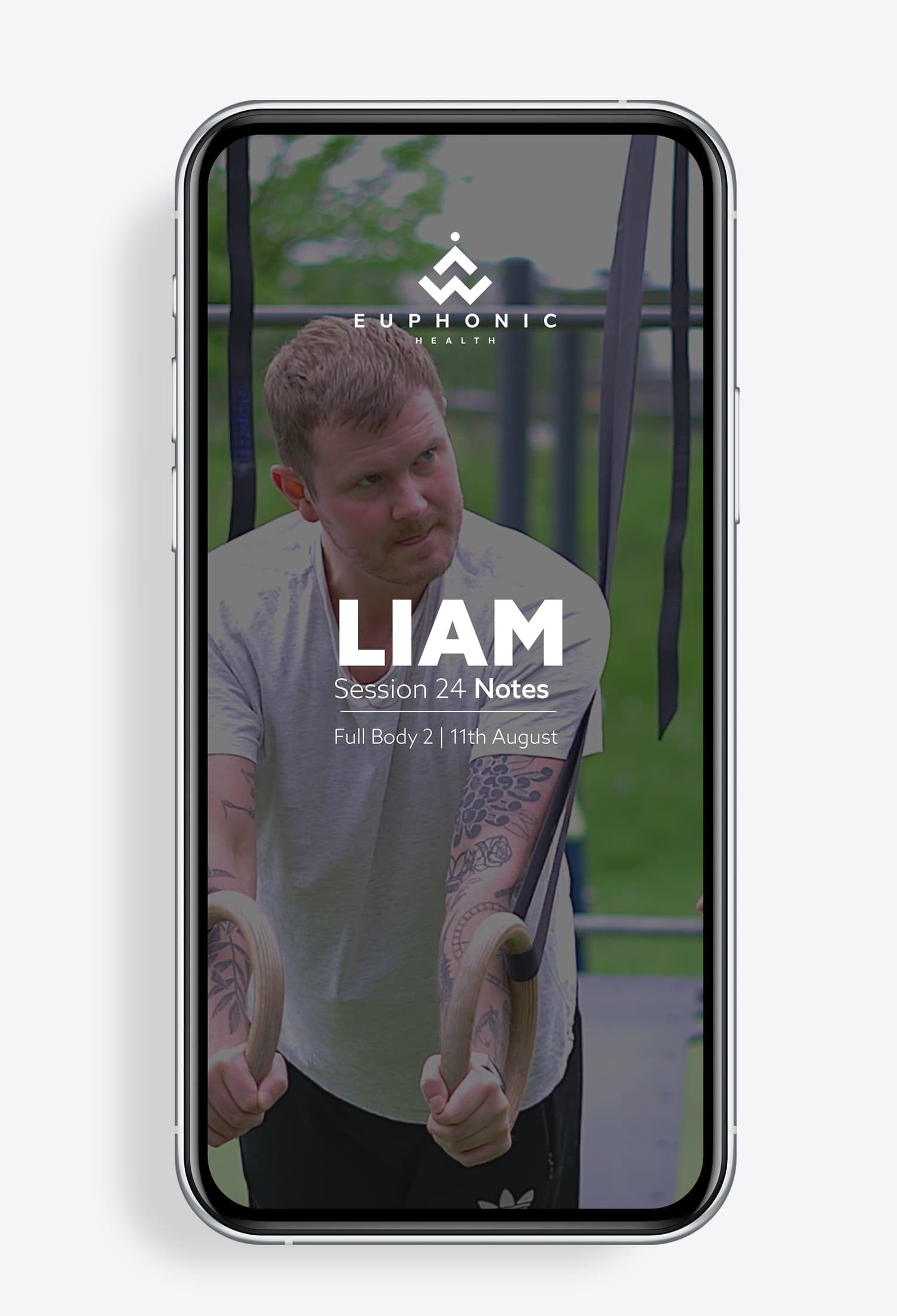 Phone displaying Euphonic Health programme with client session details for a bodyweight and strength training workout.