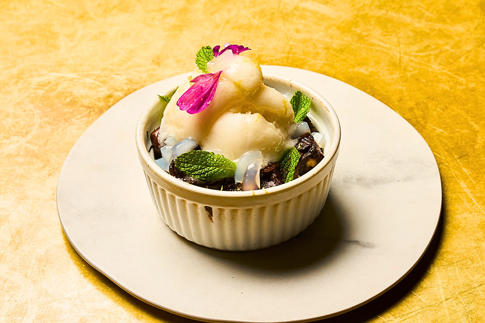 VEGAN CHOCOLATE CAKE WITH YUZU SORBET