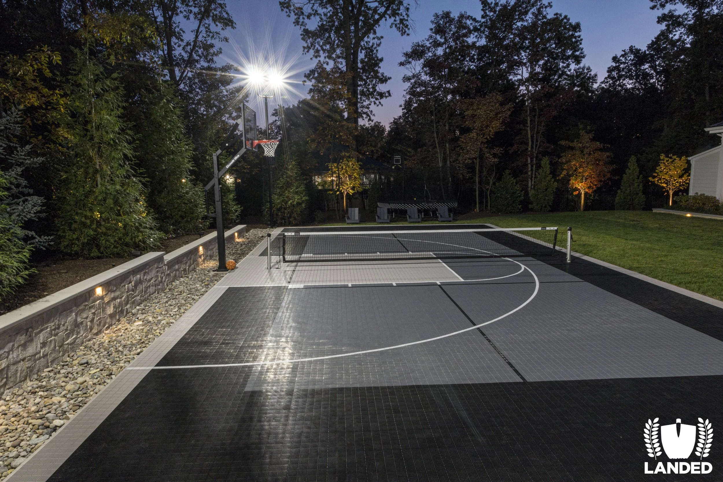 Home volleyball court in backyard