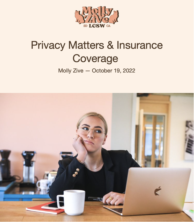 Image shows an article by Molly Zive LCSW titled "Privacy Matters & Insurance Coverage," posted on October 19, 2022. 
