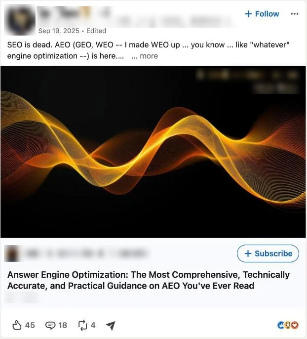 LinkedIn post from September 2025 that opens: SEO is dead. AEO is here. Author details blurred.