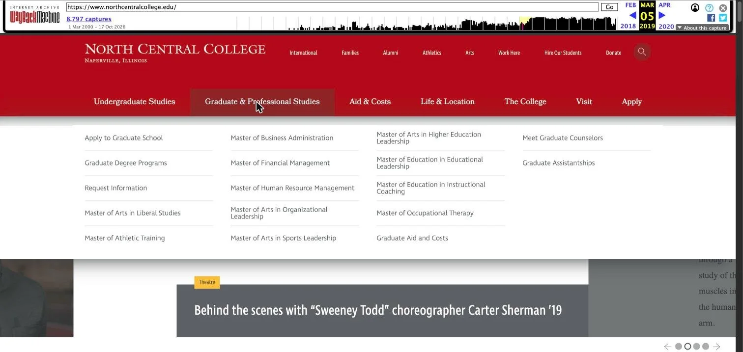 North Central College homepage in March 2019 with the Graduate and Professional Studies menu open