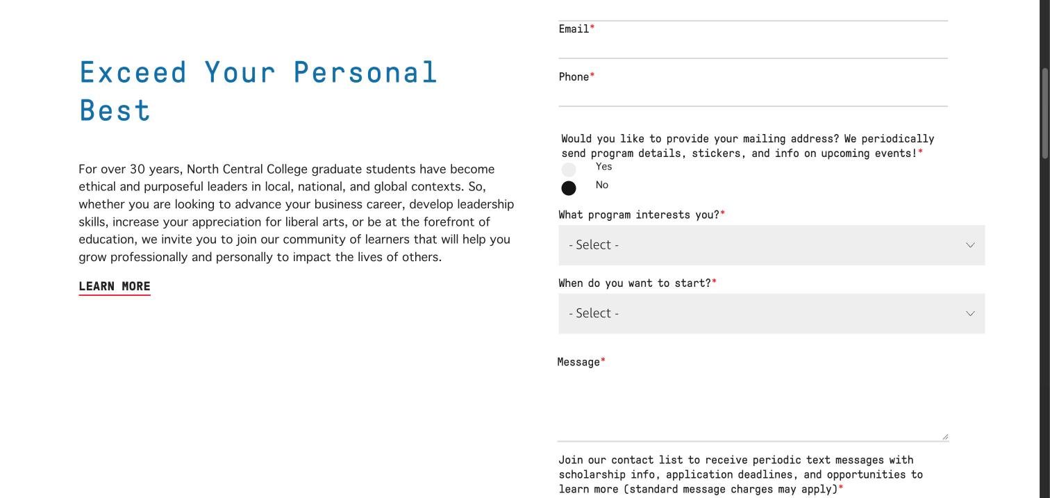 North Central College graduate request for information form with required mailing, message and text opt-in questions